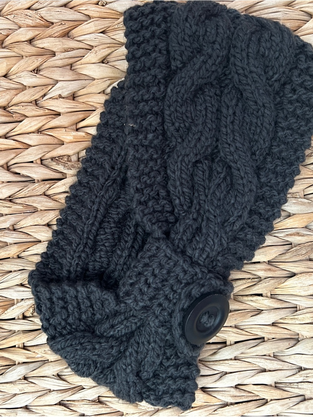 Charcoal Gray Cable Knit Headband Button Ear Warmer Chunky Winter Wrap
